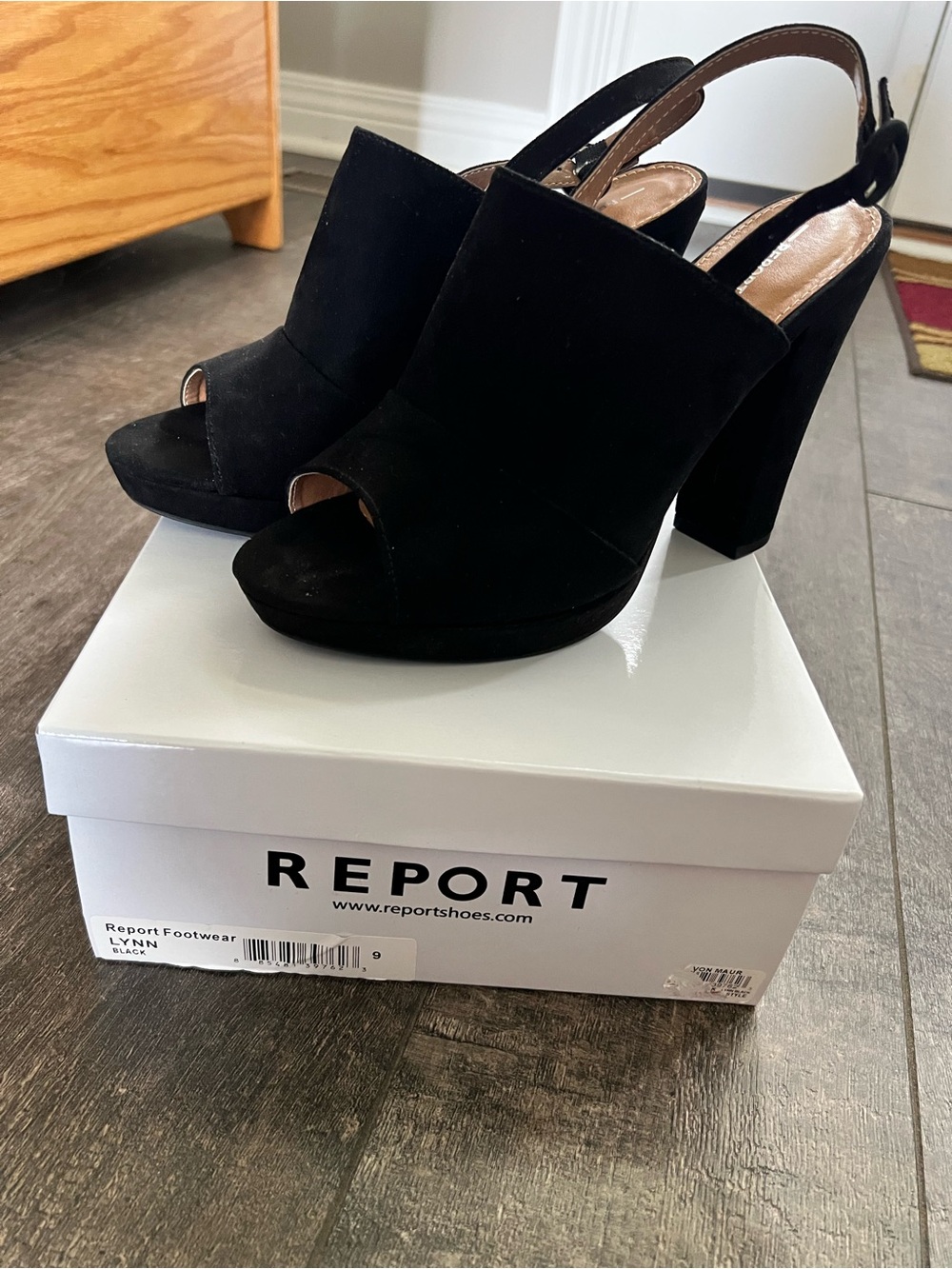 Report Black Suede Slingback Peep-Toe Block Heels